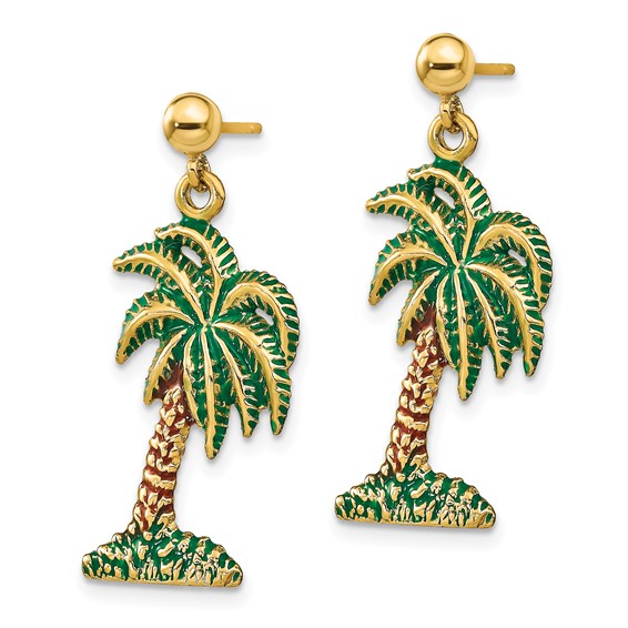 14K Green and Brown Enamel Palm Tree Dangle Post Earrings