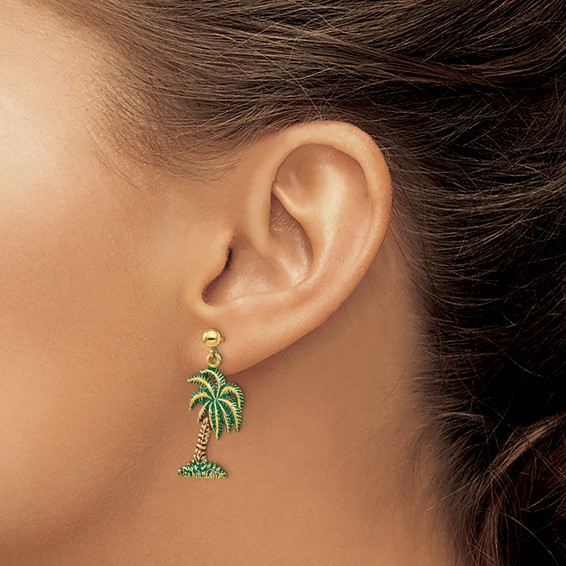 14K Green and Brown Enamel Palm Tree Dangle Post Earrings