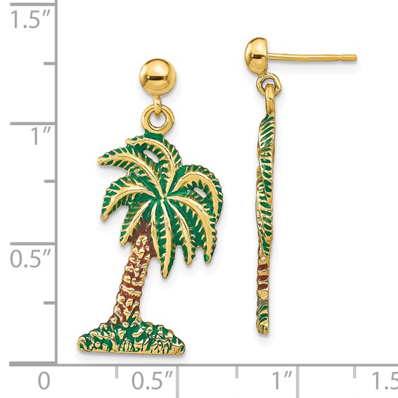 14K Green and Brown Enamel Palm Tree Dangle Post Earrings