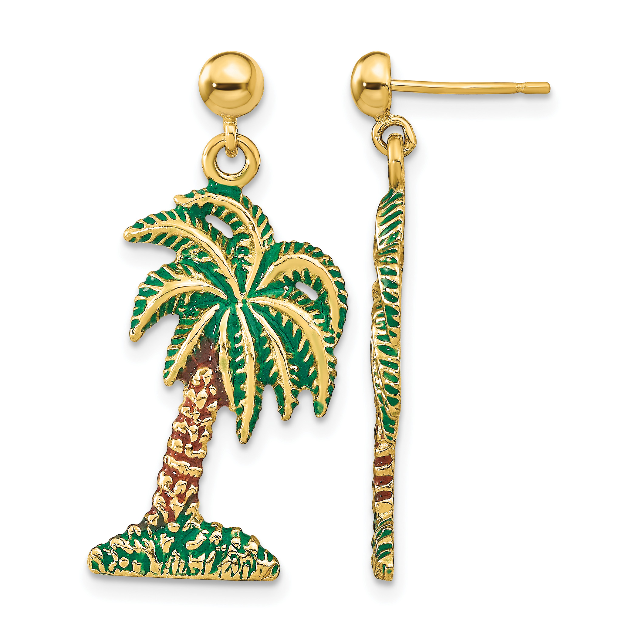 14K w/ Enamel Palm Tree Dangle Earrings (TE700)