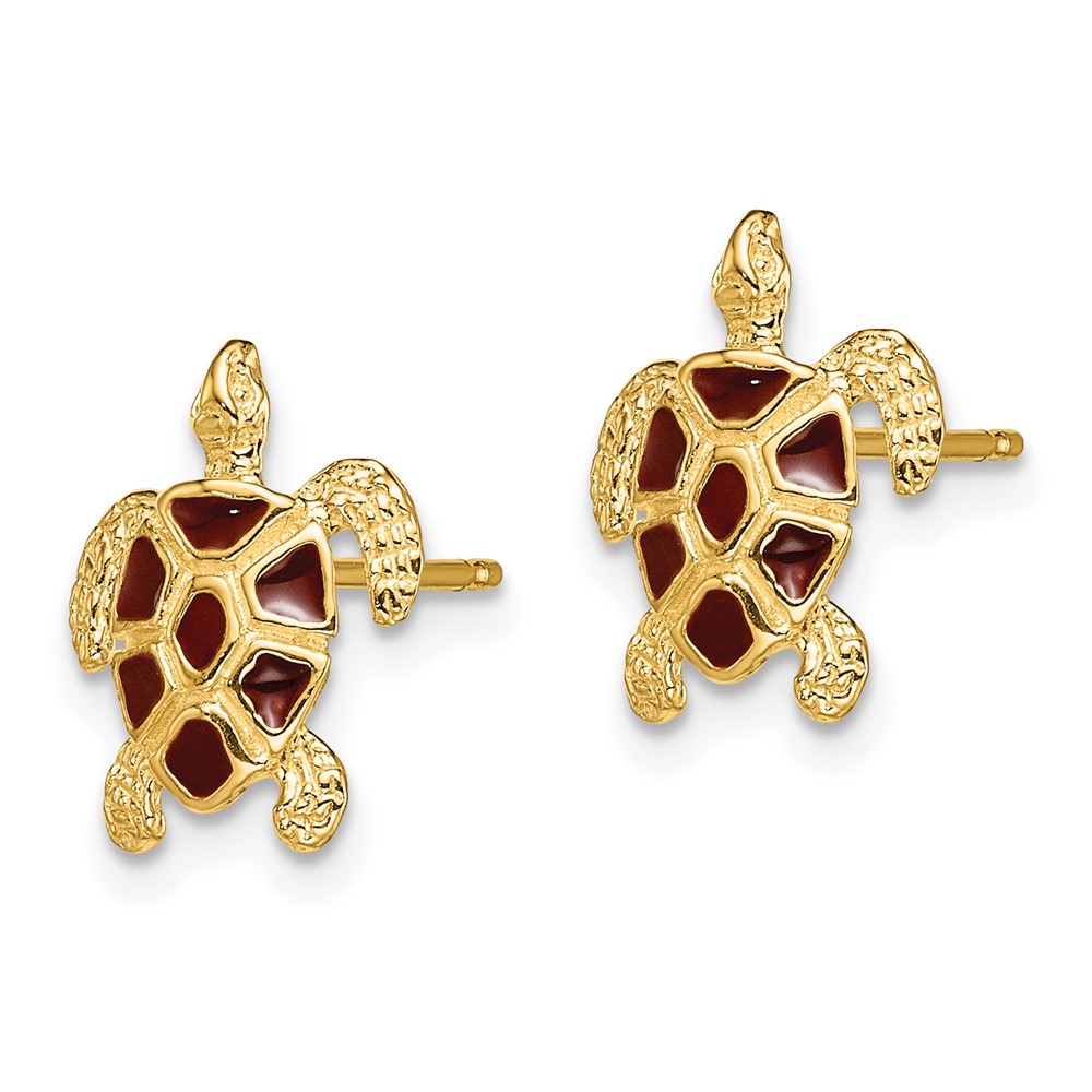 14K Sea Turtle  W/Brown Enamel Shell / Textured Post Earrings (TE705)