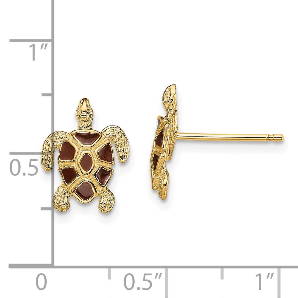 14K Sea Turtle  W/Brown Enamel Shell / Textured Post Earrings (TE705)