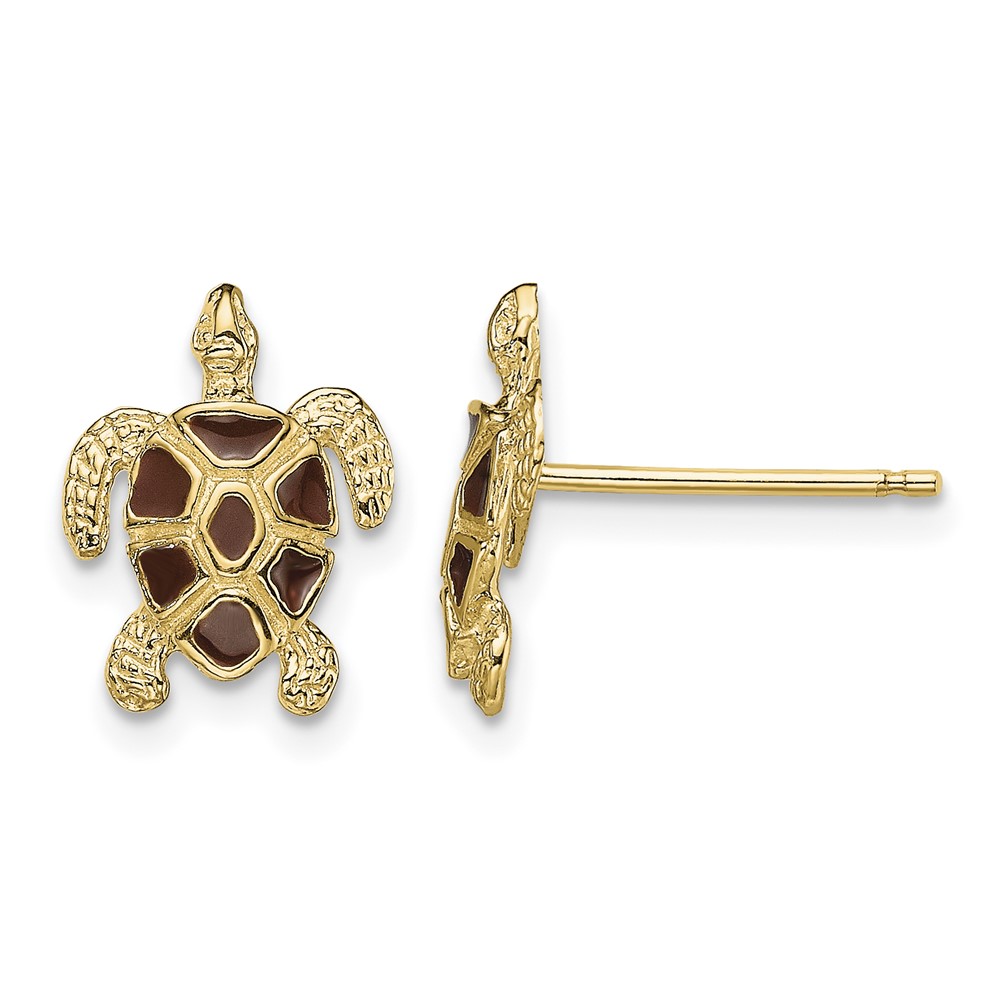 14K Sea Turtle  W/Brown Enamel Shell / Textured Post Earrings (TE705)