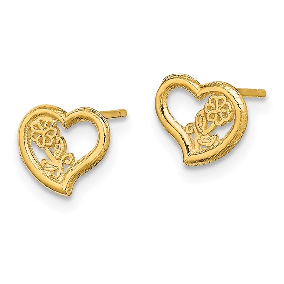14K Open Heart with Flower Post Earrings