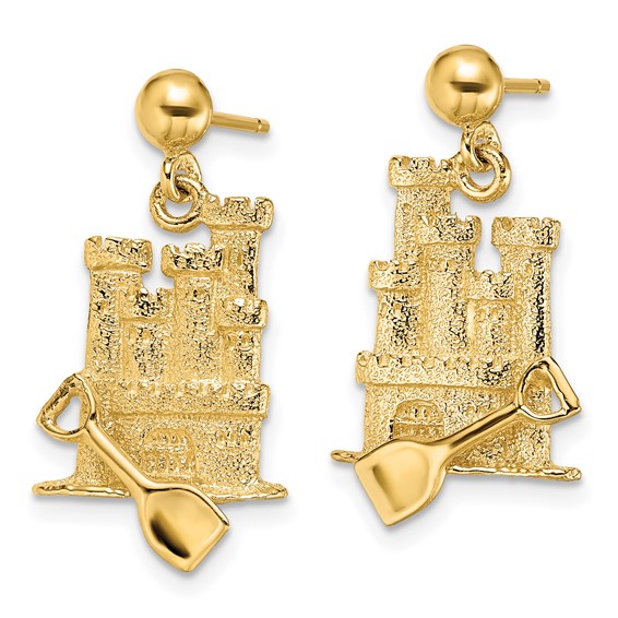 14K 3-D Sand Castle with Shovel Dangle Post Earrings