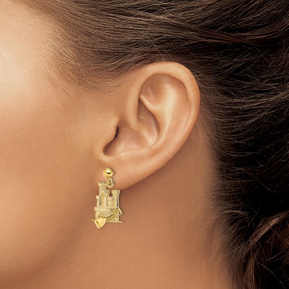 14K 3-D Sand Castle with Shovel Dangle Post Earrings