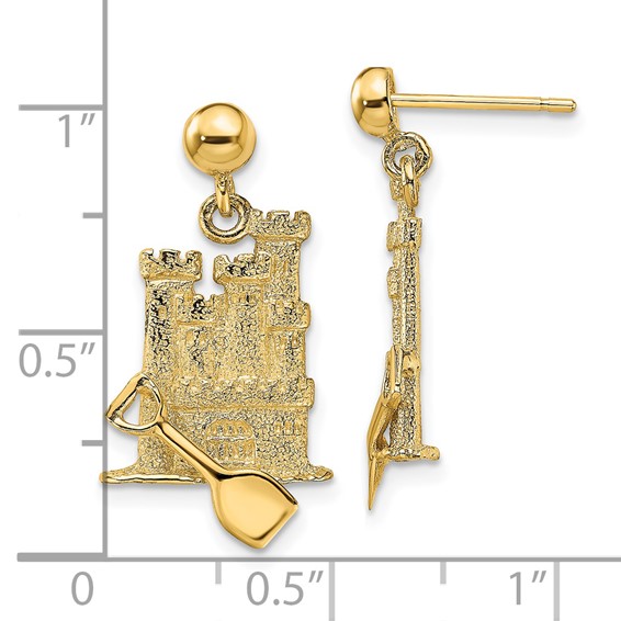 14K 3-D Sand Castle with Shovel Dangle Post Earrings