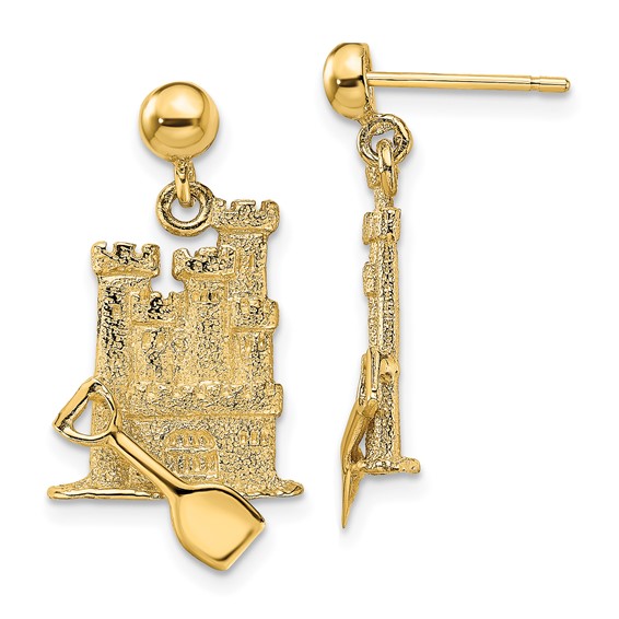 14K 3-D Sand Castle with Shovel Dangle Post Earrings