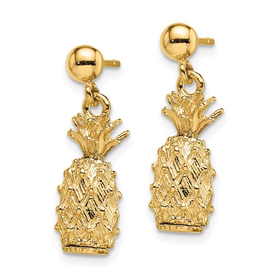 14K 3-D Textured Pineapple Dangle Post Earrings