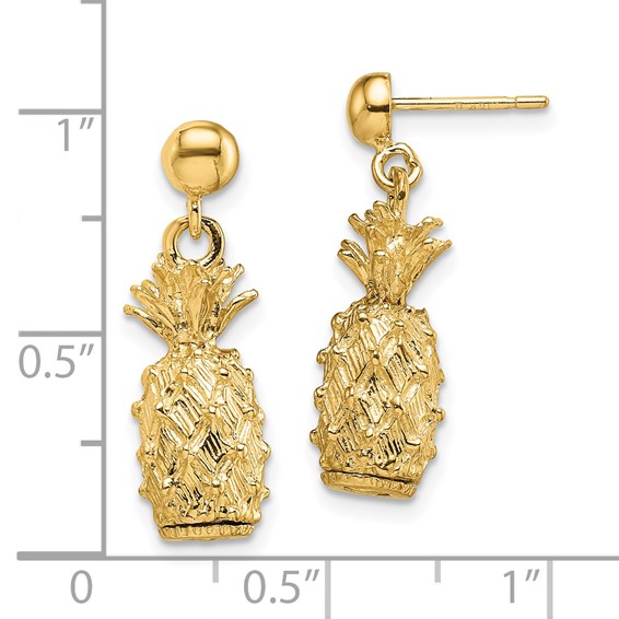 14K 3-D Textured Pineapple Dangle Post Earrings