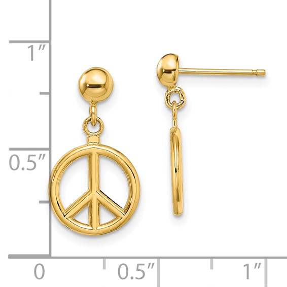 14K 3-D Polished Peace Symbol Dangle Post Earrings