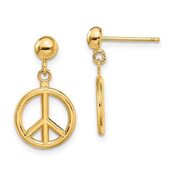 14K 3-D Polished Peace Symbol Dangle Post Earrings
