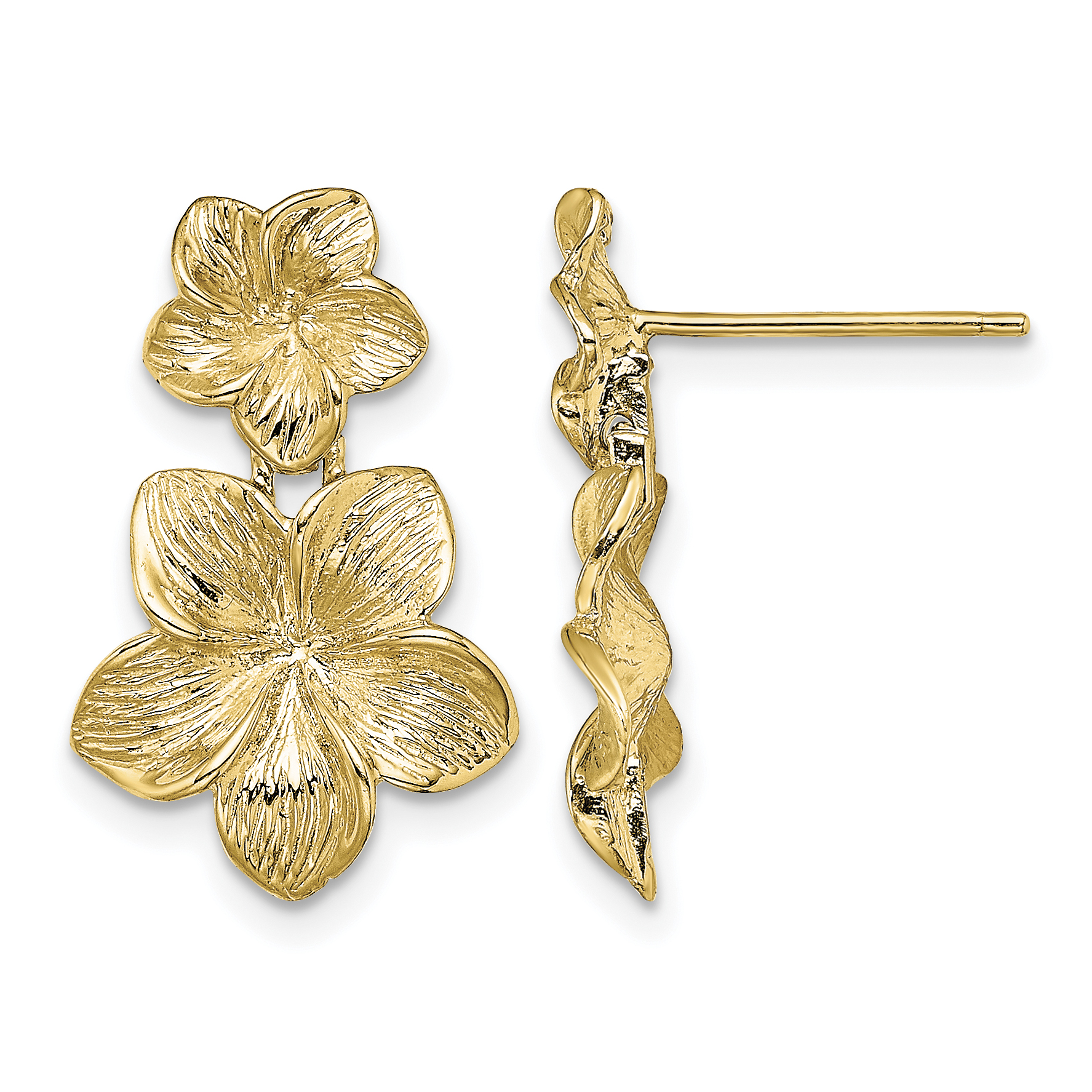 14K Double Plumeria Flower Post Dangle Earrings (TE721)