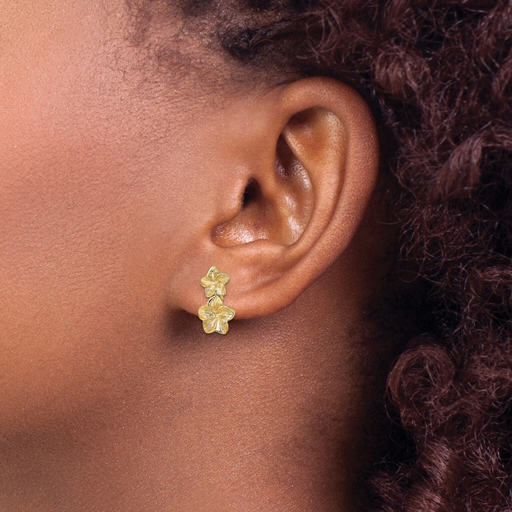 14K Double Plumeria Flower Post Dangle Earrings (TE722)