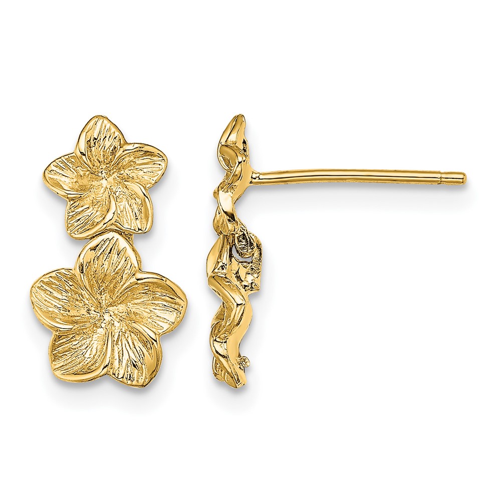 14K Double Plumeria Flower Post Dangle Earrings (TE722)