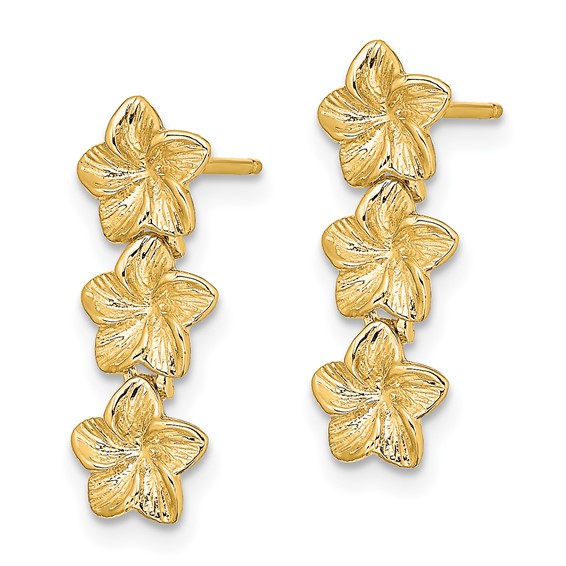 14K Triple Plumeria Flower Post Dangle Earrings