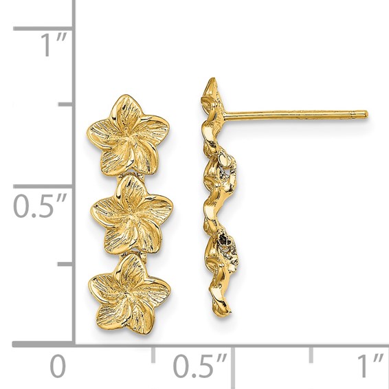 14K Triple Plumeria Flower Post Dangle Earrings