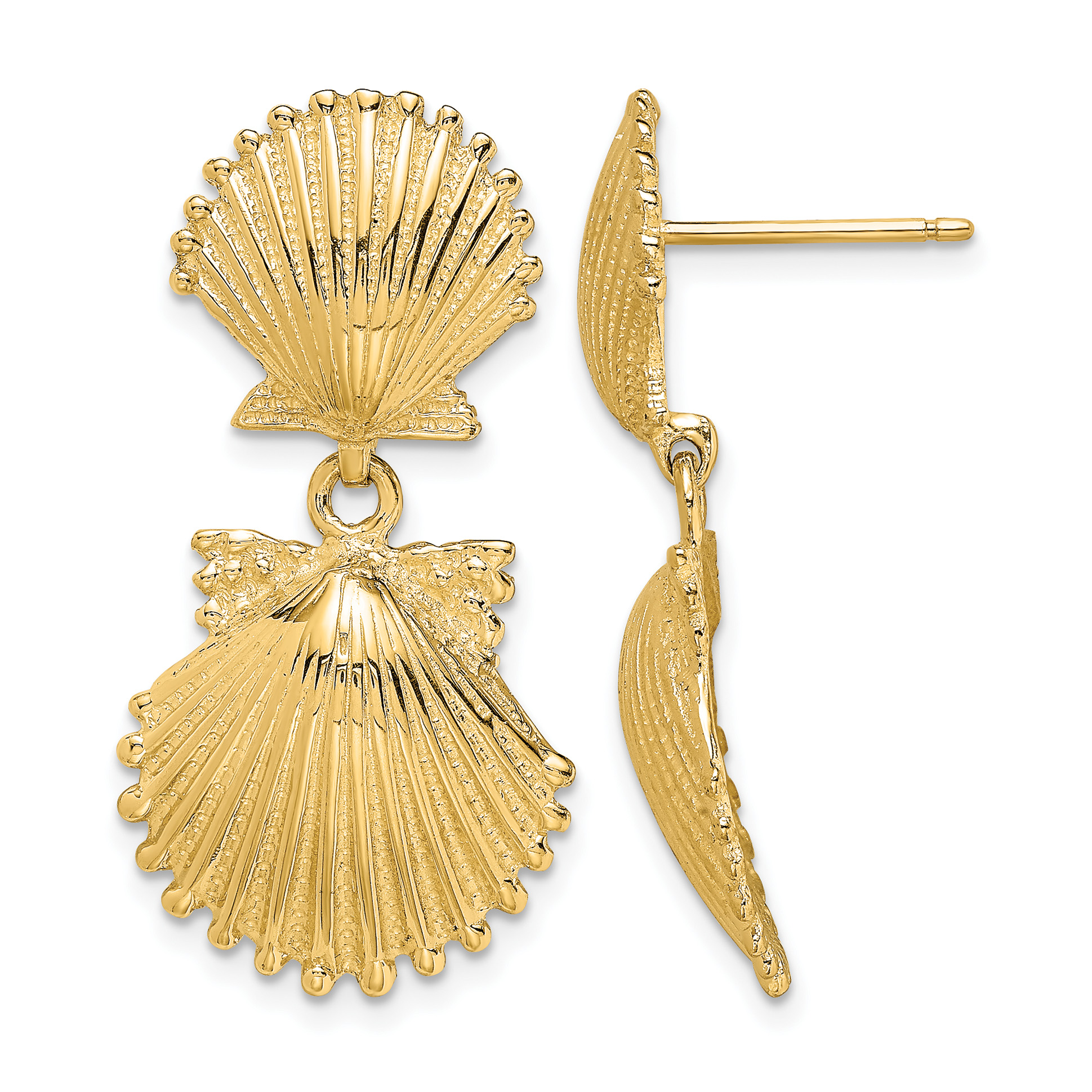 14K Double Scallop Shell Dangle Earrings (TE746)