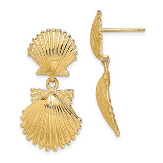 14K Double Scallop Shell Dangle Earrings