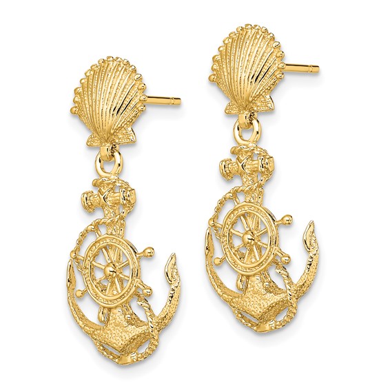 14K Shell and Anchor with Ships Wheel Dangle Post Earrings