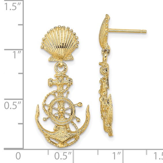 14K Shell and Anchor with Ships Wheel Dangle Post Earrings
