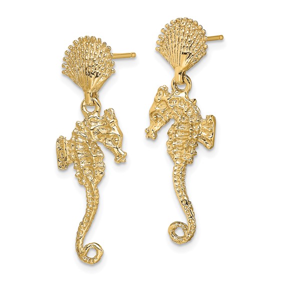 14K Shell and Seahorse Dangle Post Earrings