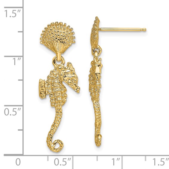 14K Shell and Seahorse Dangle Post Earrings