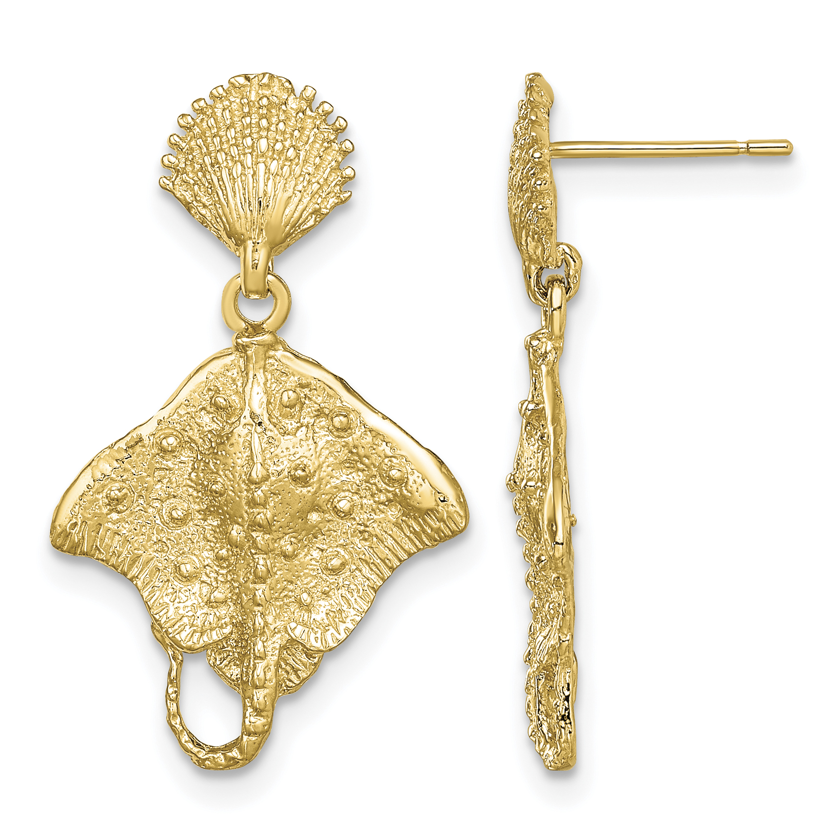 14K Shell and Stingray Post Dangle Earrings (TE759)