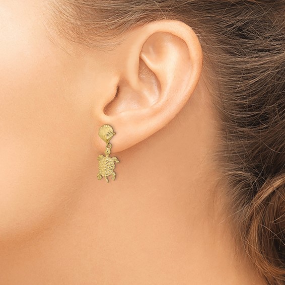 14K Shell and Sea Turtle Dangle Post Earrings