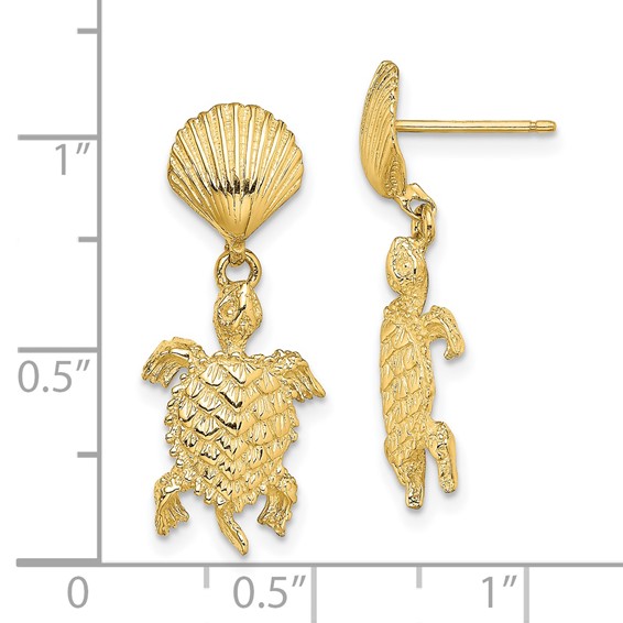 14K Shell and Sea Turtle Dangle Post Earrings