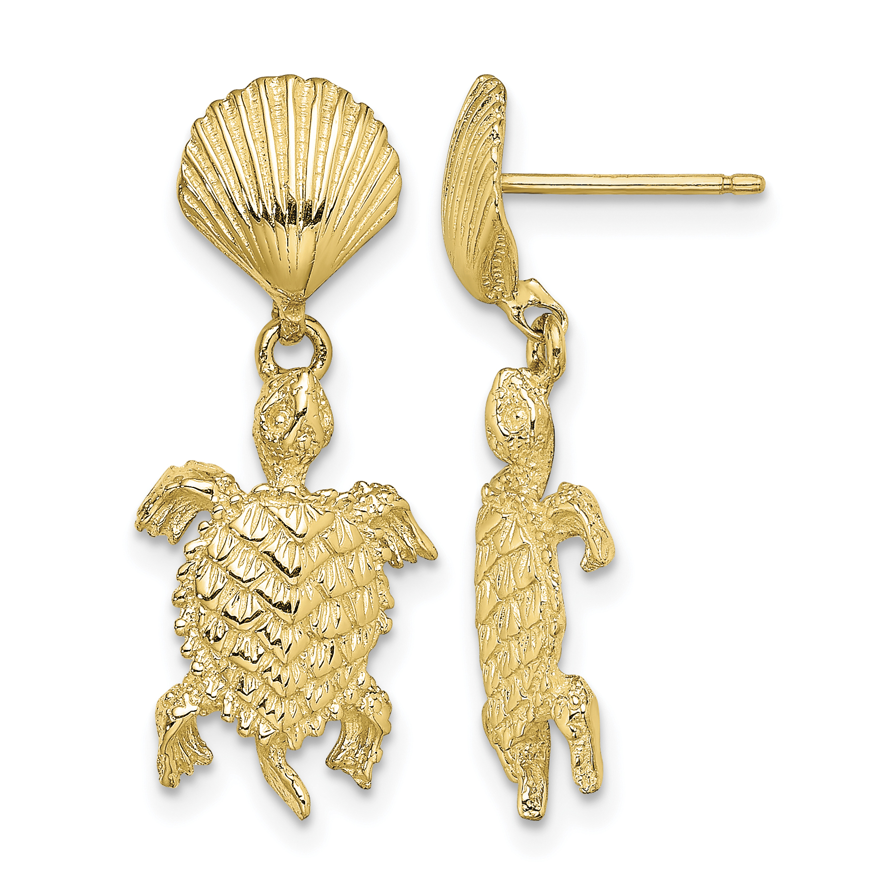 14K Shell and Sea Turtle Dangle Earrings (TE761)