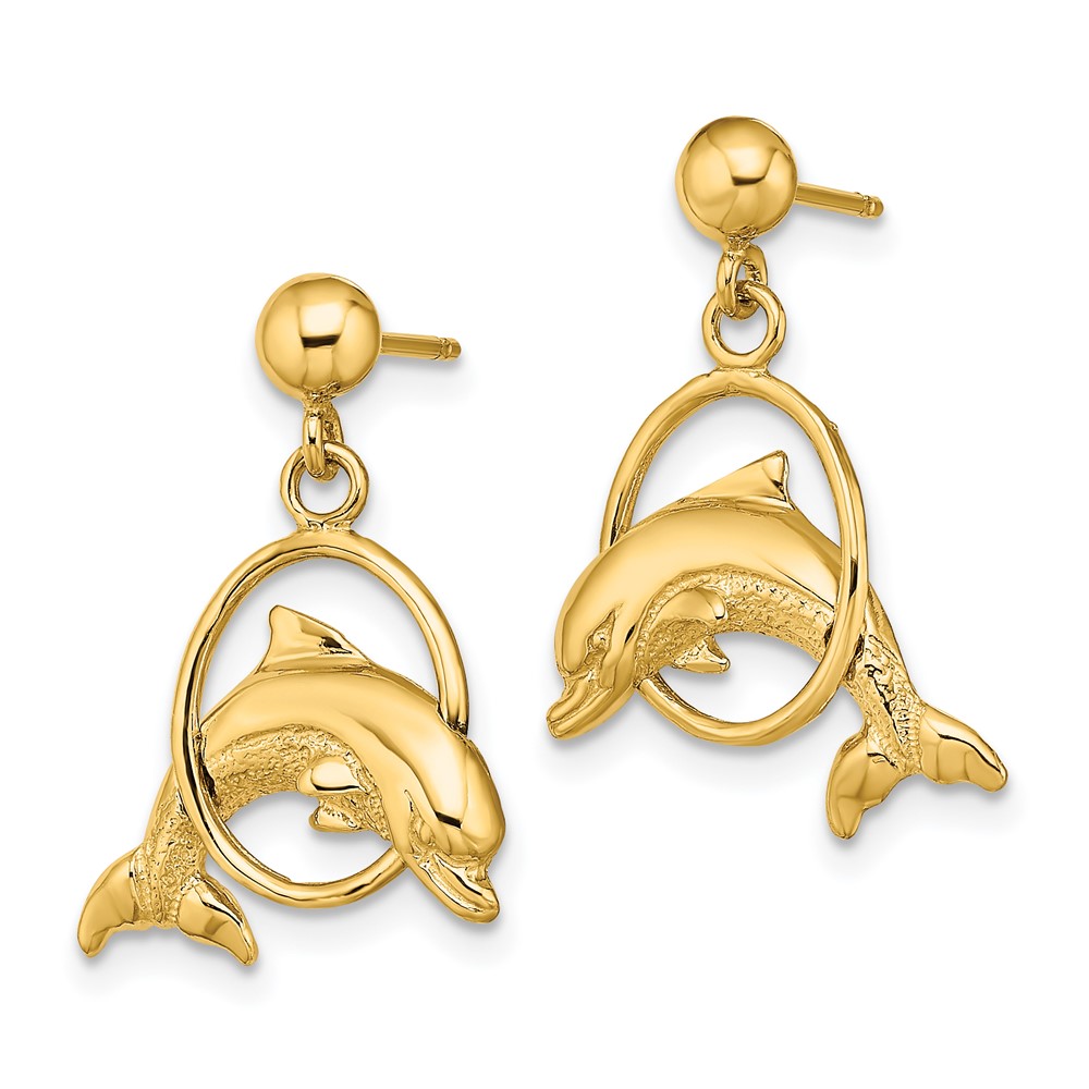 14K 2-D Polished Dolphin Jumping Through Hoop Earrings (TE764)