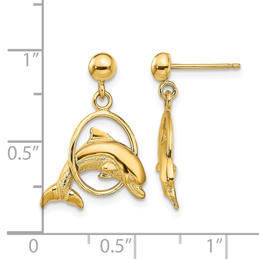 14K 2-D Polished Dolphin Jumping Through Hoop Earrings (TE764)