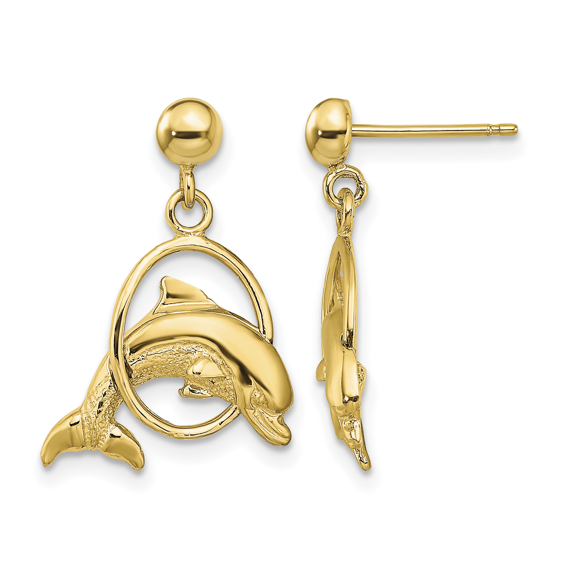 14K 2-D Polished Dolphin Jumping Through Hoop Earrings (TE764)