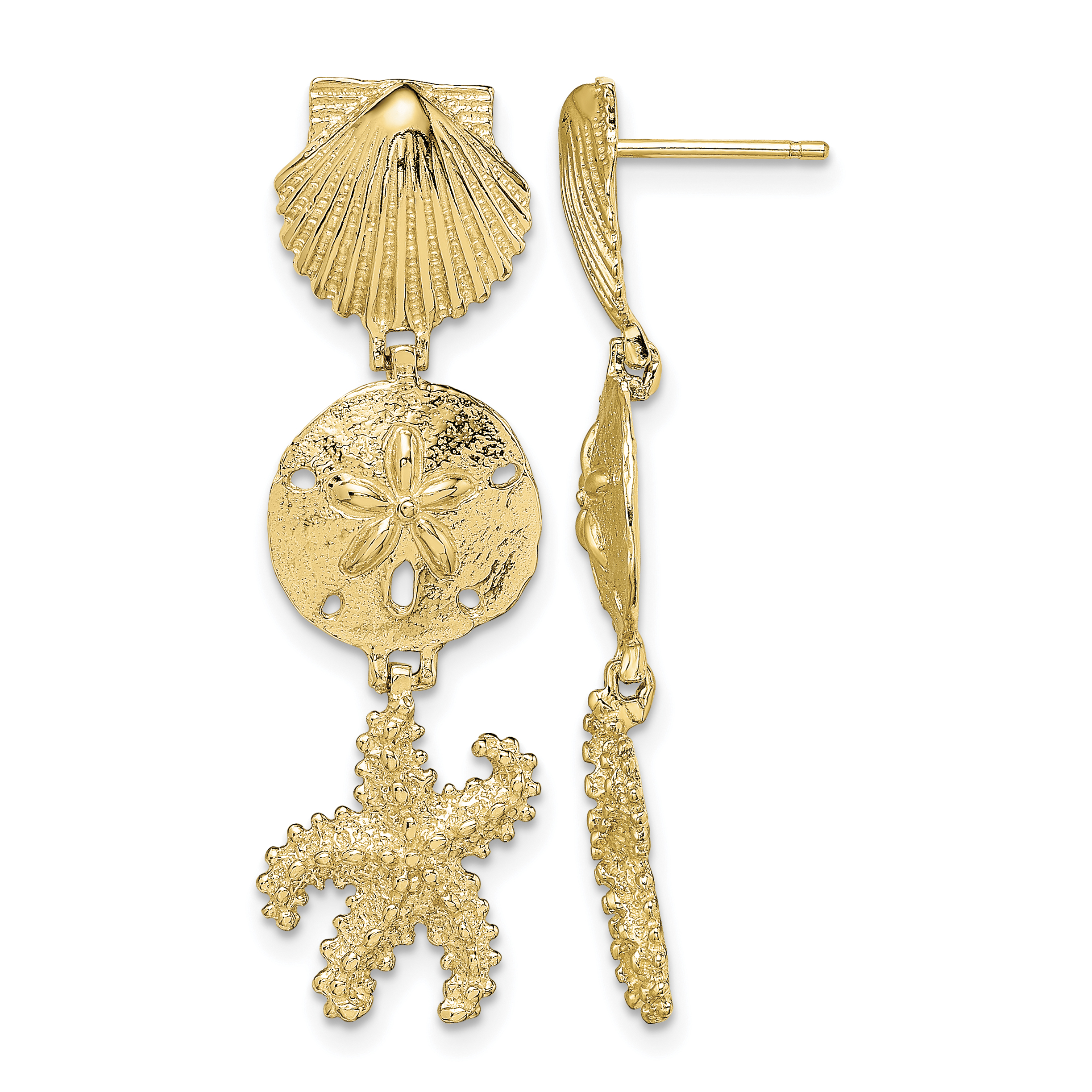 14K Shell, Sand Dollar ,Starfish Post Dangle Earrings (TE768)