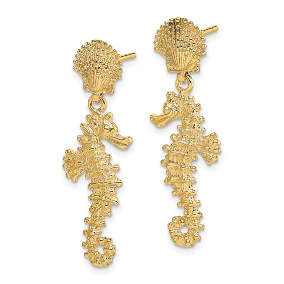 14K Seahorse Dangling From Shell Post Earrings