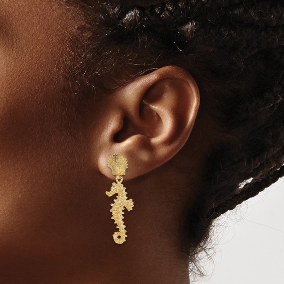 14K Seahorse Dangling From Shell Post Earrings