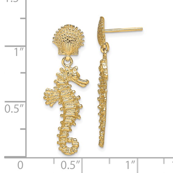 14K Seahorse Dangling From Shell Post Earrings