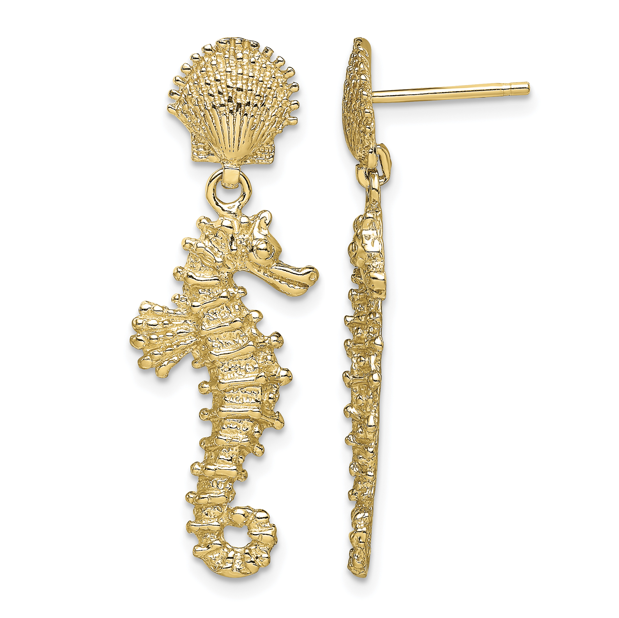 14K Seahorse Dangling From Shell Earrings (TE797)