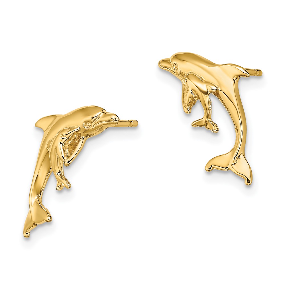 14K Polished Dolphin and Baby Post Earrings (TE799)