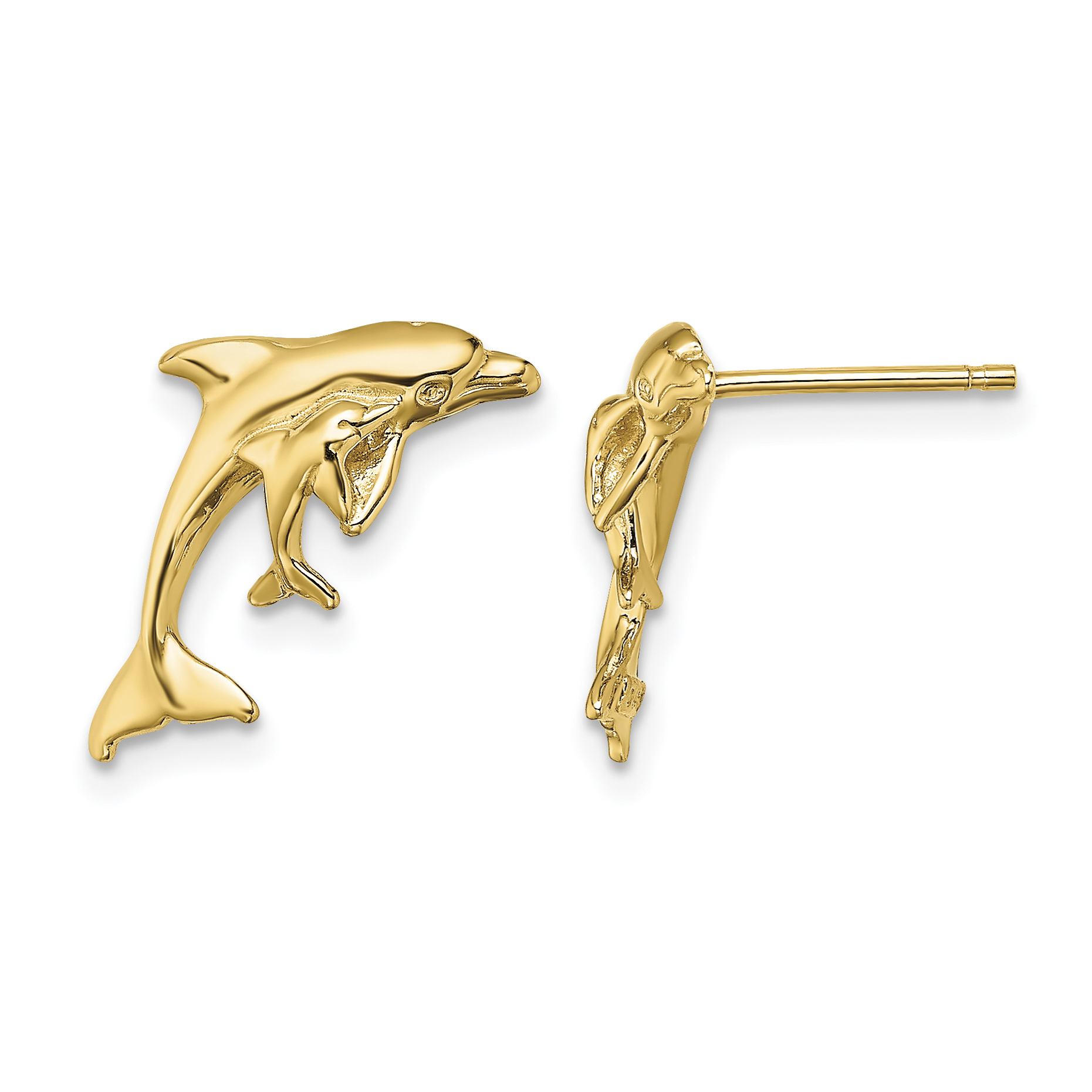 14K Polished Dolphin and Baby Post Earrings (TE799)