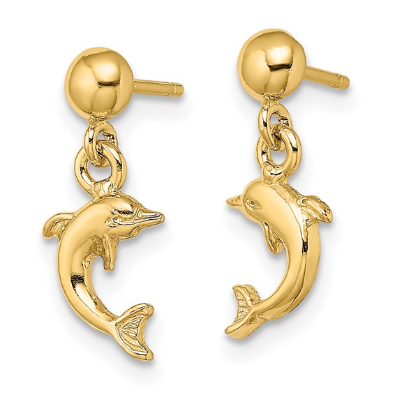 14K Mini Jumping Dolphin Dangle Post Earrings