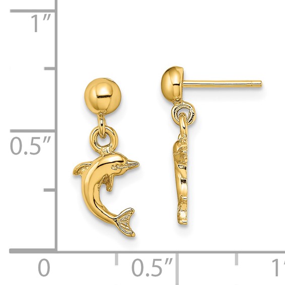 14K Mini Jumping Dolphin Dangle Post Earrings