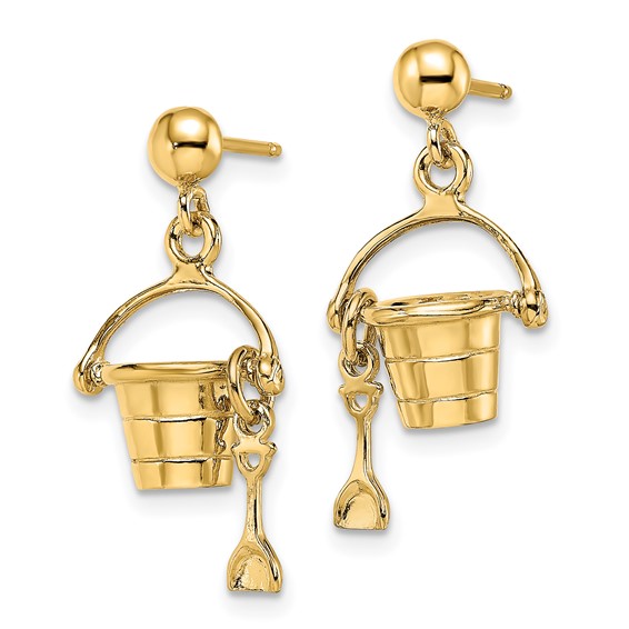 14K 3-D Beach Bucket with Shovel Dangle Post Earrings