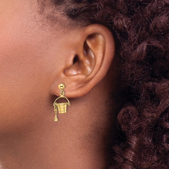 14K 3-D Beach Bucket with Shovel Dangle Post Earrings