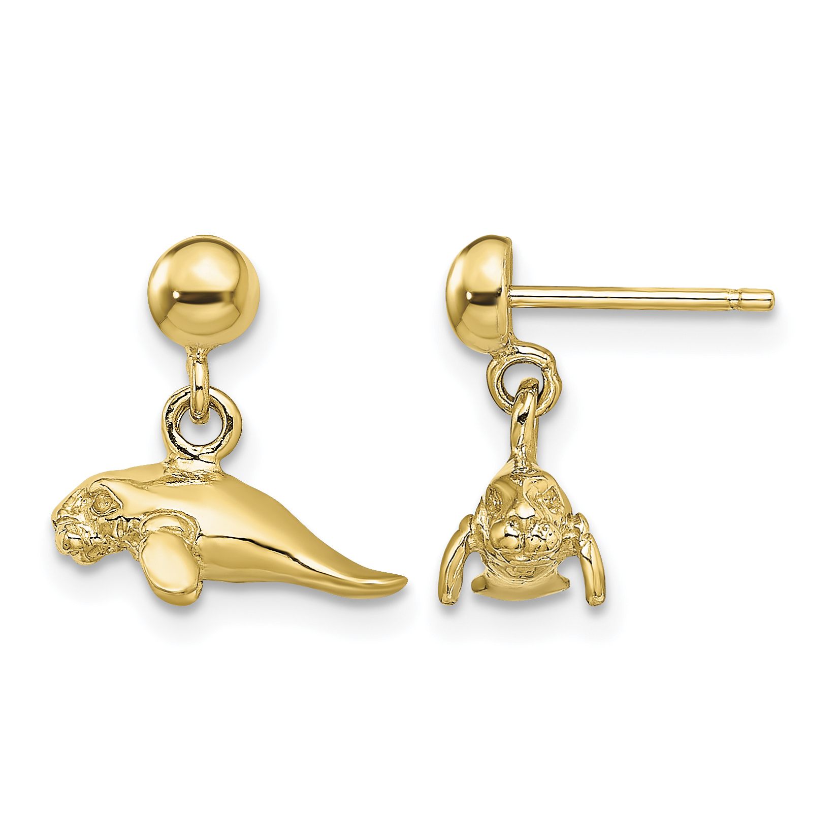 14K 3-D Polished Mini Manatee Dangle Earrings (TE845)
