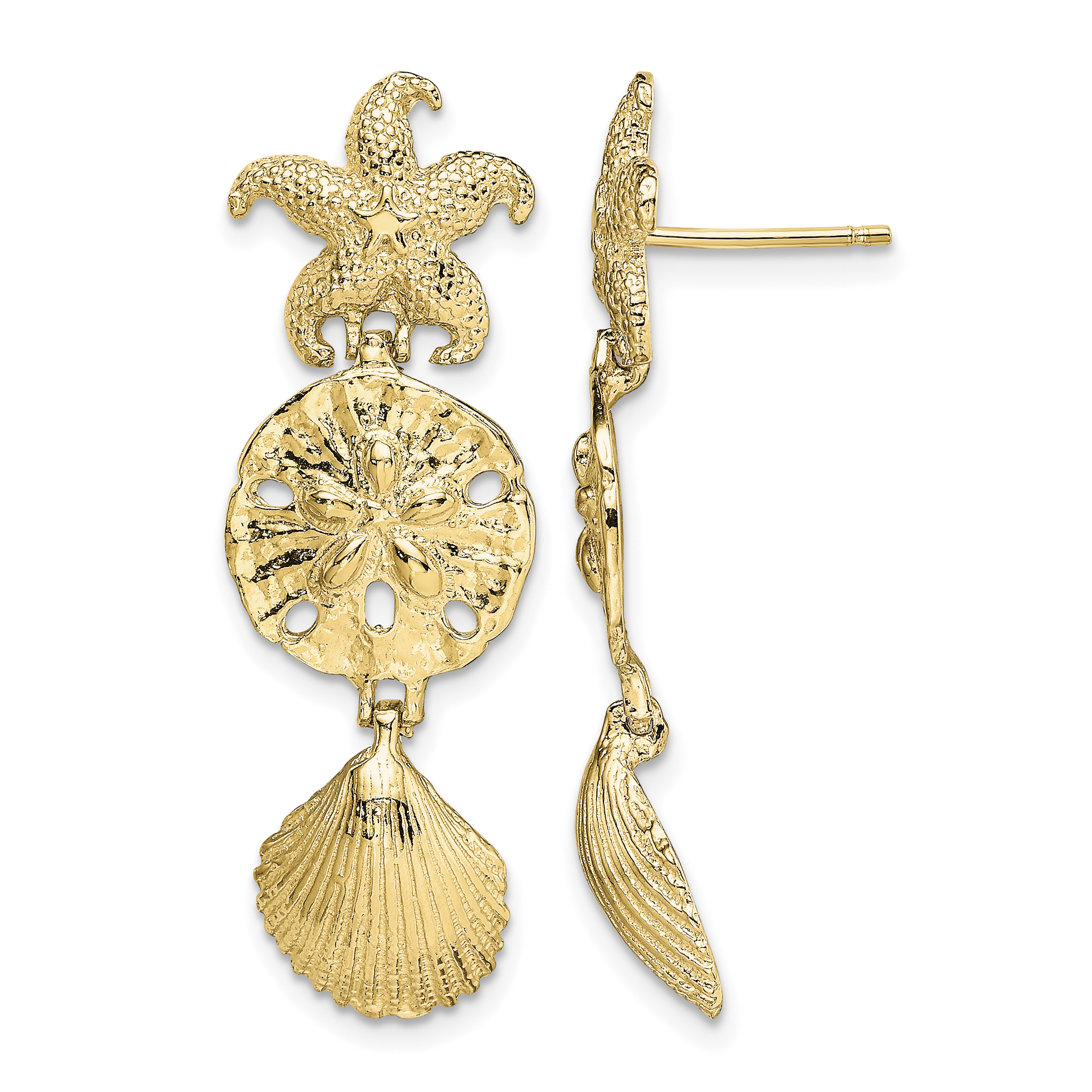 14K D/C Starfish, Shell ,Sand Dollar Dangle Earrings (TE847)