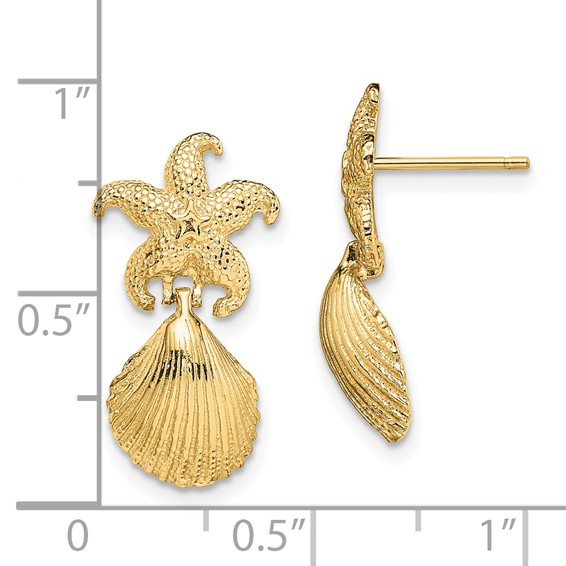 14K Starfish /Scallop Shell Dangle Earrings