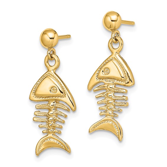 14K 3-D Fishbone Dangle Post Earrings