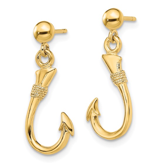 14K 3-D Fish Hook Dangle Post Earrings